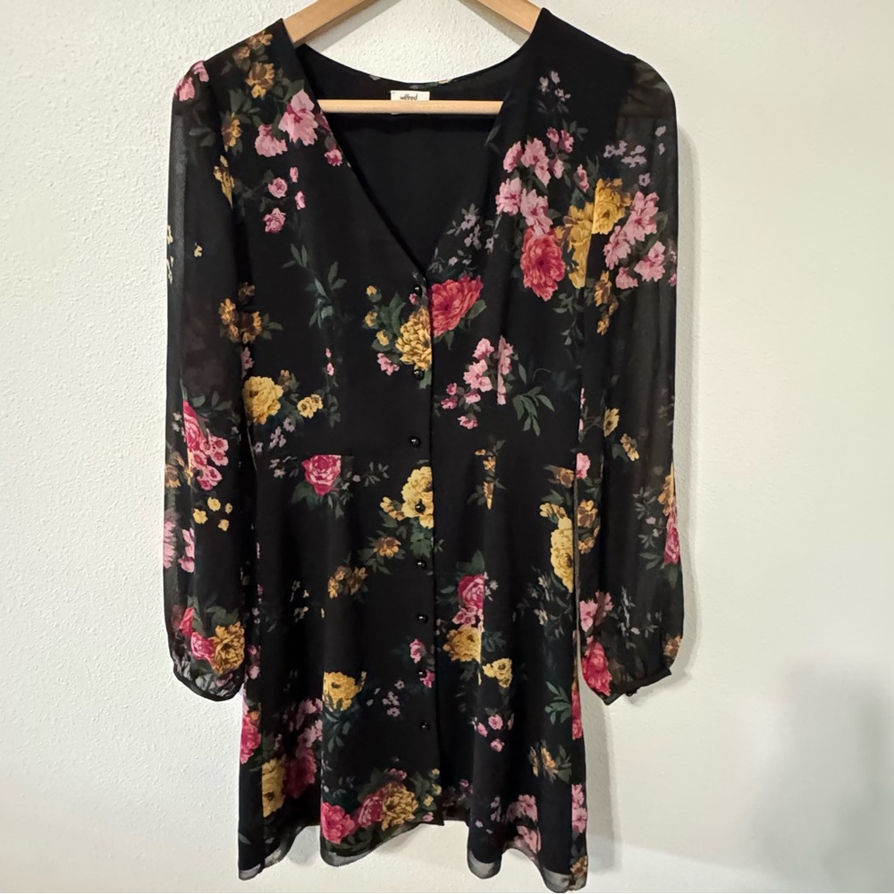 Aritzia Wilfred Nazaire Black Floral Chiffon Mini Dress Long Sleeve-0